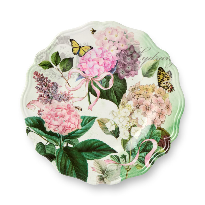 Ensemble de 4 assiettes à salade en mélamine Garden Path - durable et légère avec un design d'hortensias rose, mauve et blanc, idéal pour les repas à l'extérieur et à l'intérieur. Sans BPA.