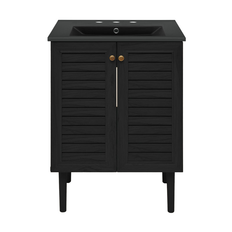 Meuble-lavabo autoportant 24 po Bron en chêne noir avec comptoir à 3 trous noir, Noir, 8 po, Chêne noir