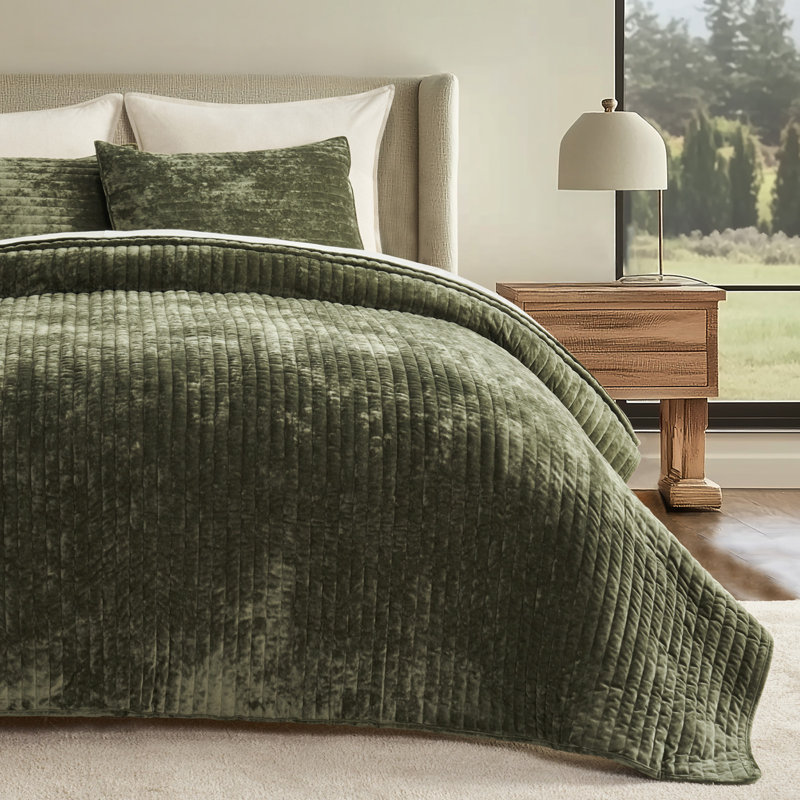 Luxe Velvet Channel Quilt Set, Olive Green, California King