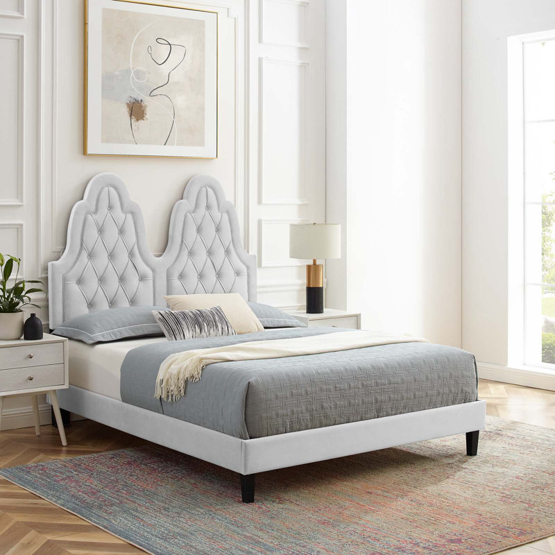 Alexandria Tufted Performance Velvet Platform Bed, King, Light Gray
