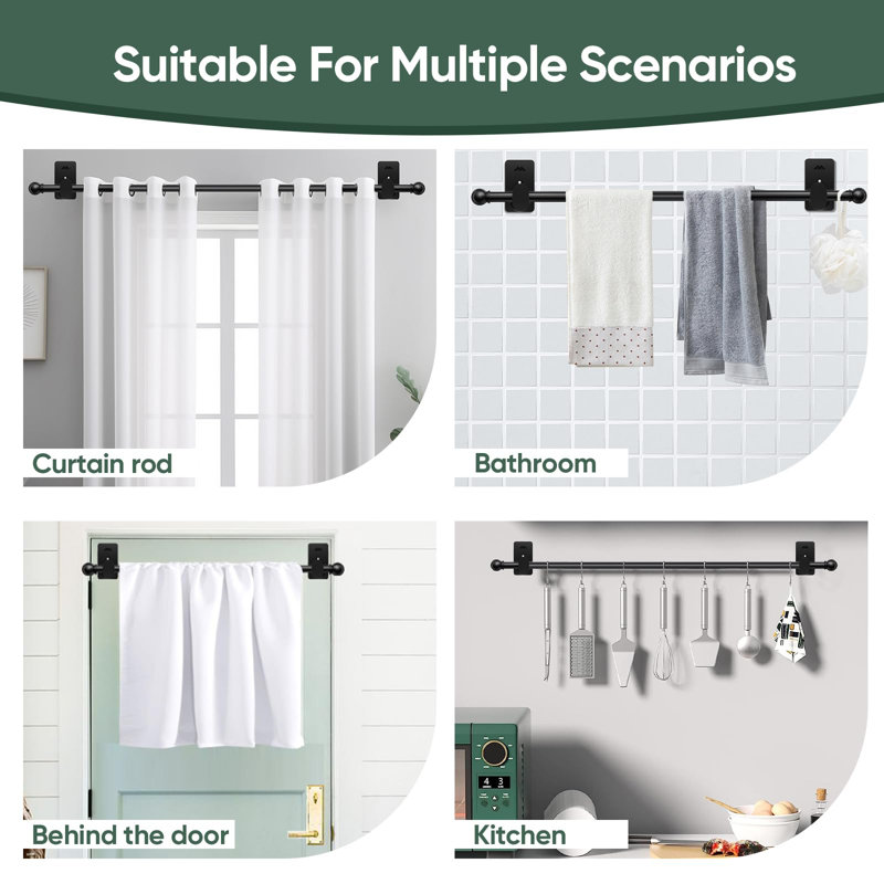 Ensemble de tringles à rideaux sans perçage pour fenêtres de 30 à 90 pouces, ensemble de tringle à rideaux sans perçage de 5/8 po de diamètre avec supports adhésifs 3M, noir