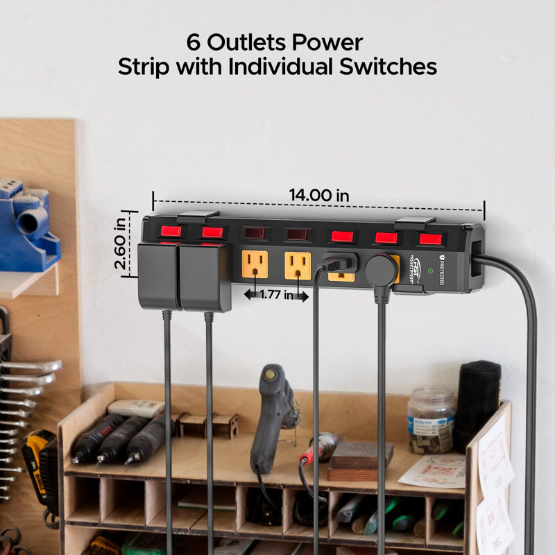 CRST Power Strip 6 Outlet Heavy Duty Surge Protector Individual Switch 6ft Extension Cord with Flat Plug, 15A Circuit Breaker
