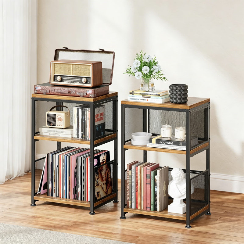 Support pour tourne-disque avec rangement en vinyle pour jusqu'à 200 albums, table tournante avec cloison réglable et côtés en filet, table d'appoint industrielle rustique brun pour le salon ou la chambre à coucher