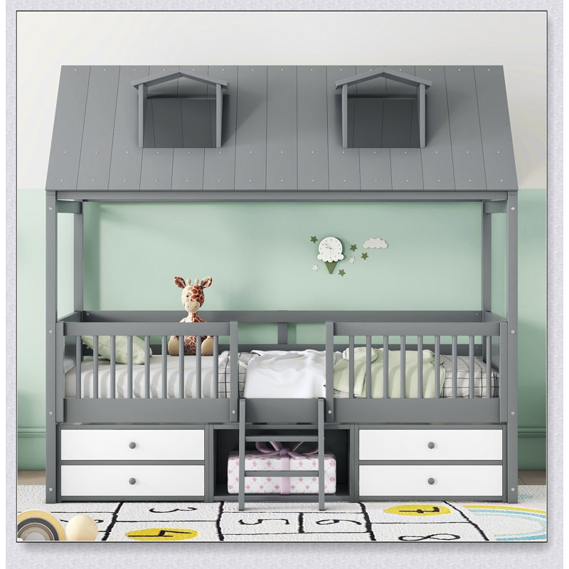 Wood Bed House Bed Frame, Gray, Twin
