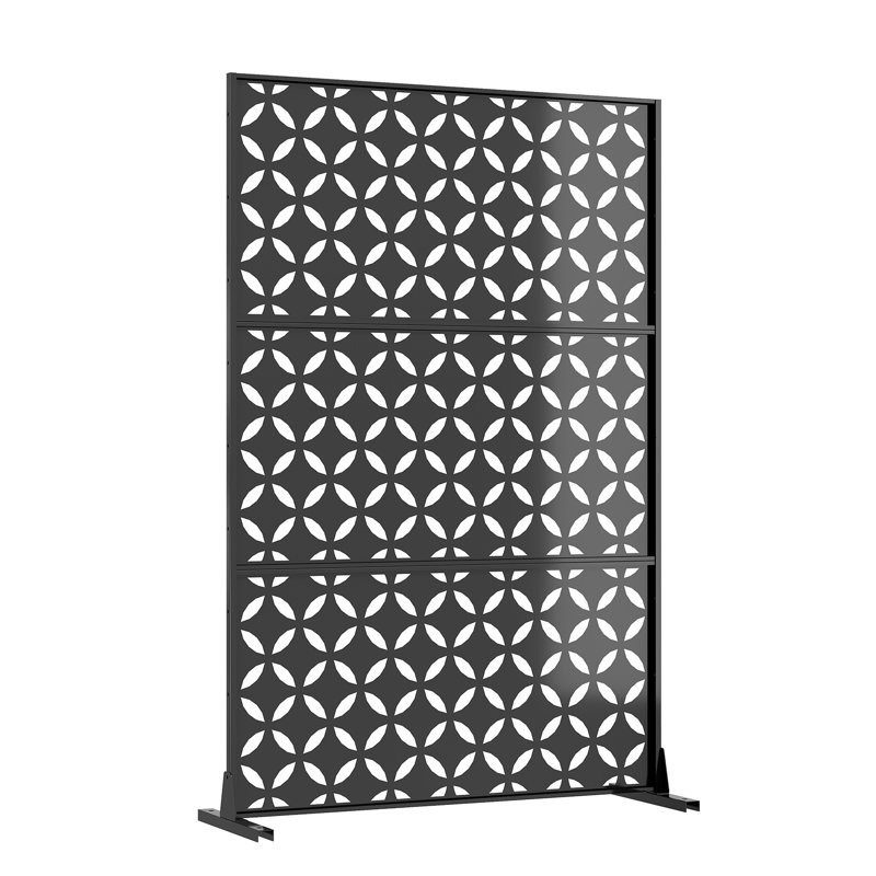 187.96 x 119.38 cm Freestanding Metal Privacy Screen, Rustproof Galvanized Steel Laser Cut Herringbone Decorative Fence Panel for Outdoor Patio, Balcony & Deck,Square Hole Coin Style