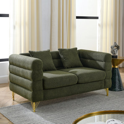 60Inch Oversized 2 Seater Sectional Sofa, Living Room Comfort Fabric Sectional Sofa-Deep Seating Sectional Sofa, Soft Sitting With 2 Pillows For Living Room, Bedroom, Office, Green Teddy