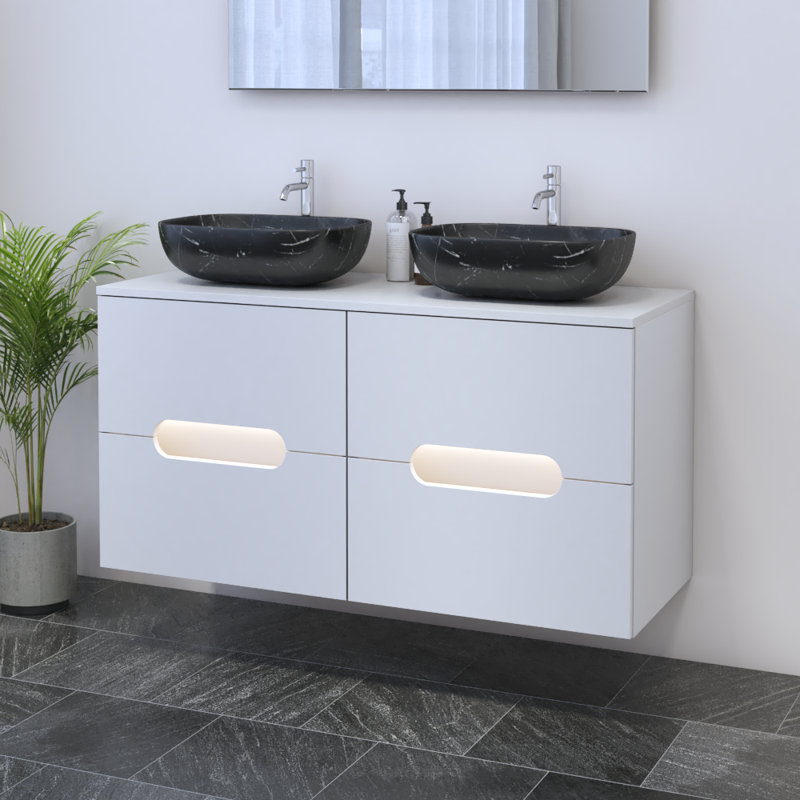 Meuble-lavabo double 47,2 po avec plateau Kashden, Noir, Blanc