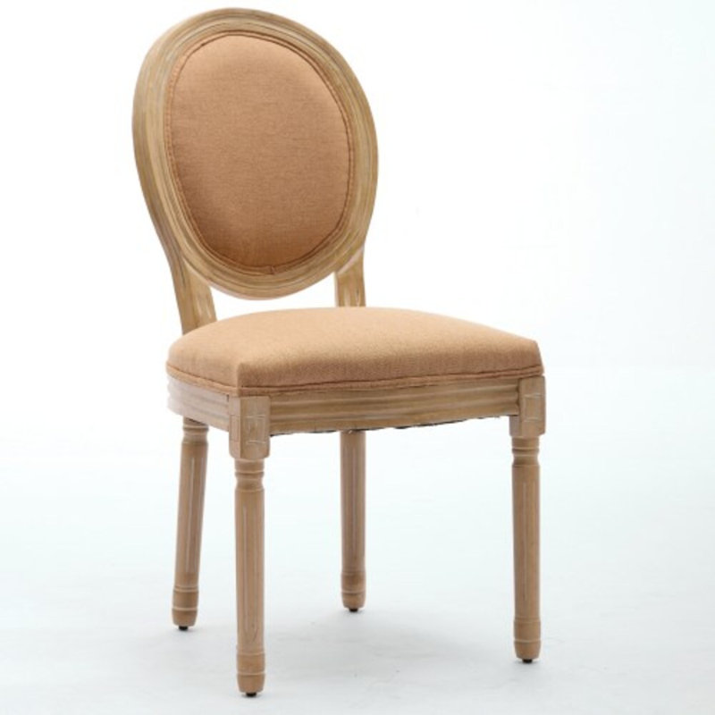 Chaise de salle à manger avec cadre en bois massif de style français et toile de lin antique, ensemble de 2, brun clair