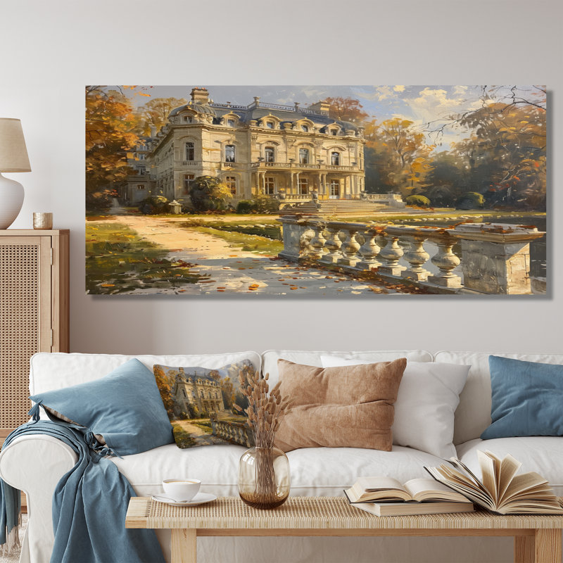 Art mural de salon Renaissance jaune et beige en chateau de France IV, Toile tendue, H 30 po x l 40 po