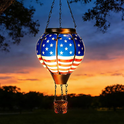 American Flag Hot Air Balloon Solar Hanging Lantern with Flickering Flame, Glass Outdoor Light for Garden, Patio & Porch