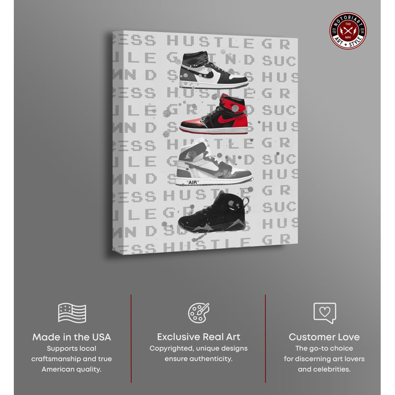 Notoriart Hype Sneakers Gray and Red Canvas Wall Art 24" x 30"