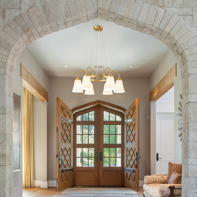 Modern Gold Chandelier 6-Light with Petal Ceramic Shades, Adjustable Height 13.78"-86.61" for Sloped/Vaulted Ceilings, ETL Listed