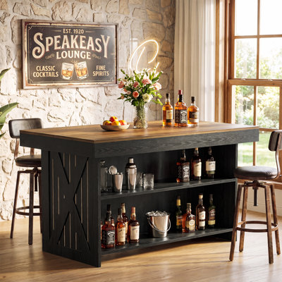 55-Inch Farmhouse Bar Table, Home Pub Table with Storage Shelves, High Top Bar Unit for Kitchen, Dining Room