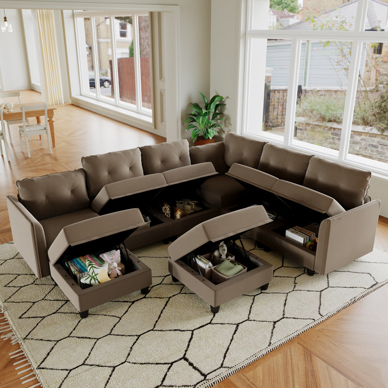 Tomario 8- Piece Upholstered U-Shaped Modular Sectional With Storage, Brown Polyester