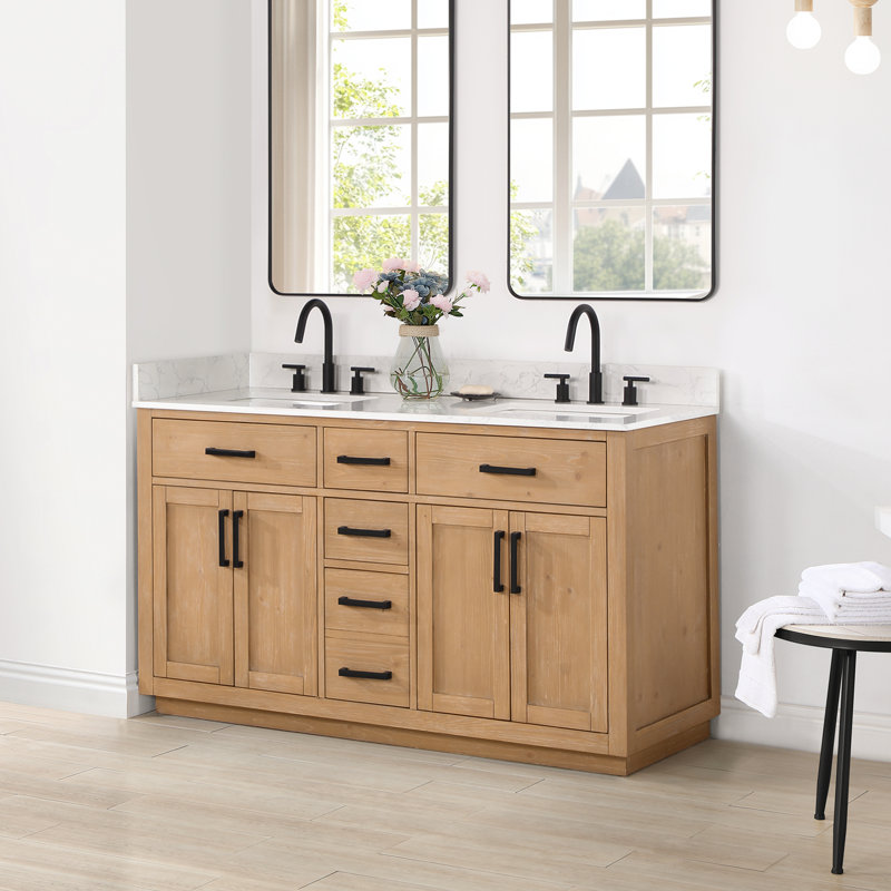 Ensemble de meuble-lavabo double 60 po Gavino, Brun pâle, Noir mat