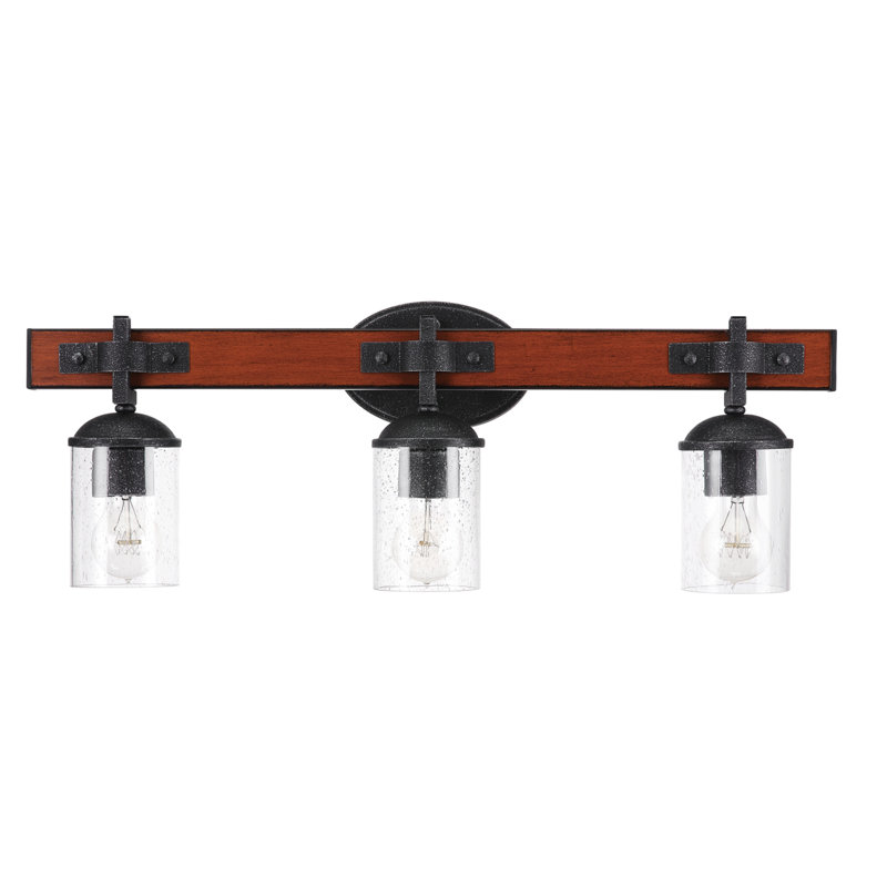 Éclairage pour salle de bain 3 lumières Kingston, simili bois foncé, détails en métal galvanisé, abat-jour en verre bullé transparent