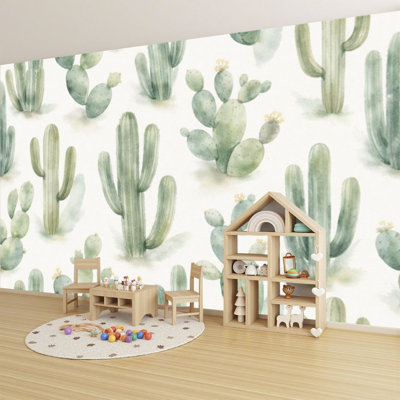 Peler et coller le papier peint mural Tropical, ensemble d'aquarelle de cactus exotiques à la main