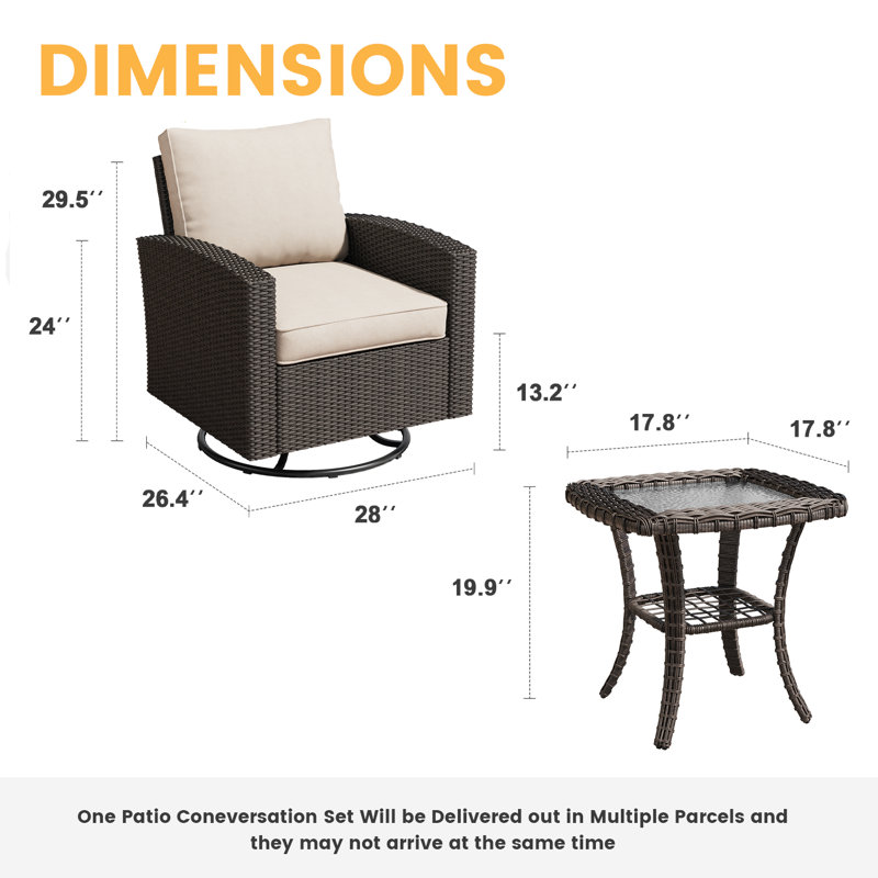 3 Pieces Outdoor Swivel Patio Chair with Cushions, Beige