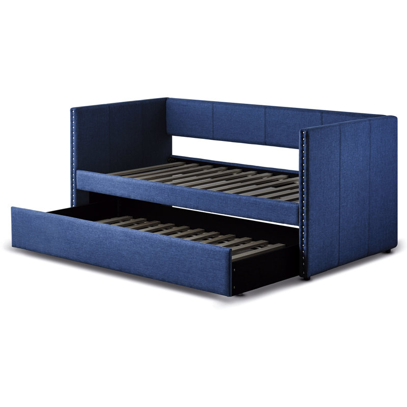 Lit de jour à structure en bois avec revêtement bleu et lit gigogne escamotable en tissu, structure, pour la décoration de la chambre à coucher