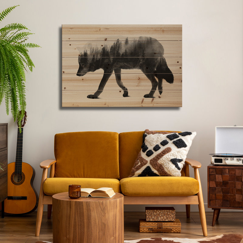 Reproduction d'art mural en bois - Le loup I en noir et blanc par Andreas Lie, H 26 po x l 40 po