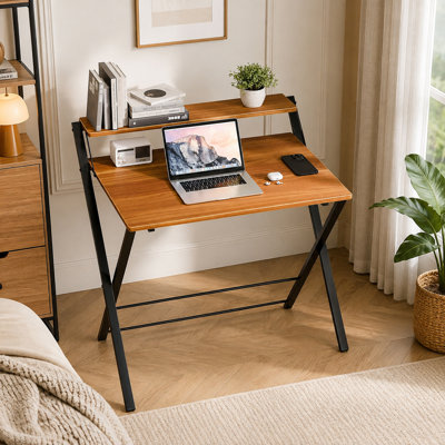 Petit bureau pliant avec tablette, table d'ordinateur compacte à 2 niveaux, espace de travail portatif pour bureau à domicile
