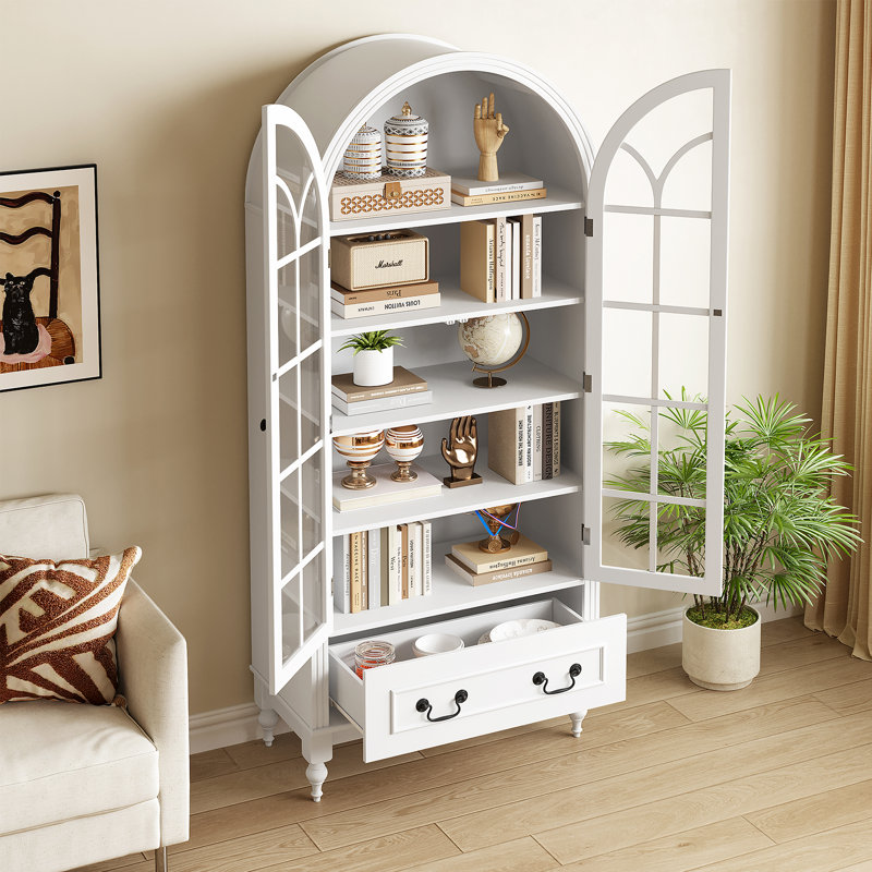 67" Tall Arched Display Cabinet, China Cabinet with Glass Doors, Modern Farmhouse Curio Cabinet for Living Room, Dining Room, Kitchen 