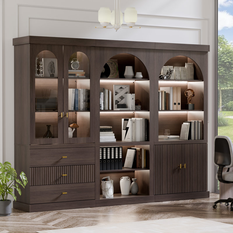 Ensemble de 3 armoires de rangement autoportantes arquées avec portes en verre et éclairage à DEL, Armoire standard