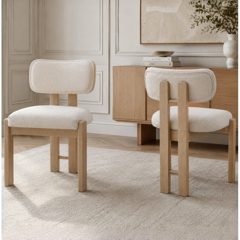 Boucle Upholstered Side Chair in Beige, 2, Natural Wood
