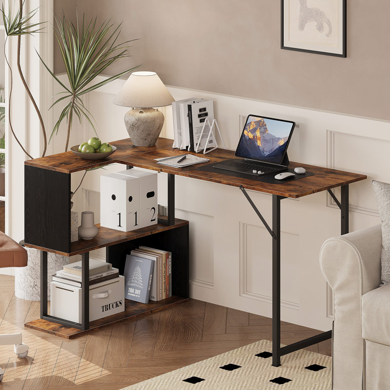 Bureau industriel en forme de L avec tablettes de rangement, bureau d'angle 48 po pour ordinateur portable