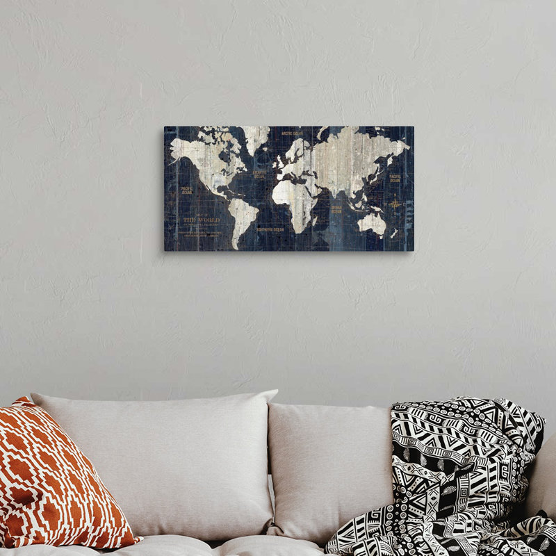 Carte du vieux monde - impression d'art graphique, H 30 po x l 60 po x P 1,5 po, Toile tendue