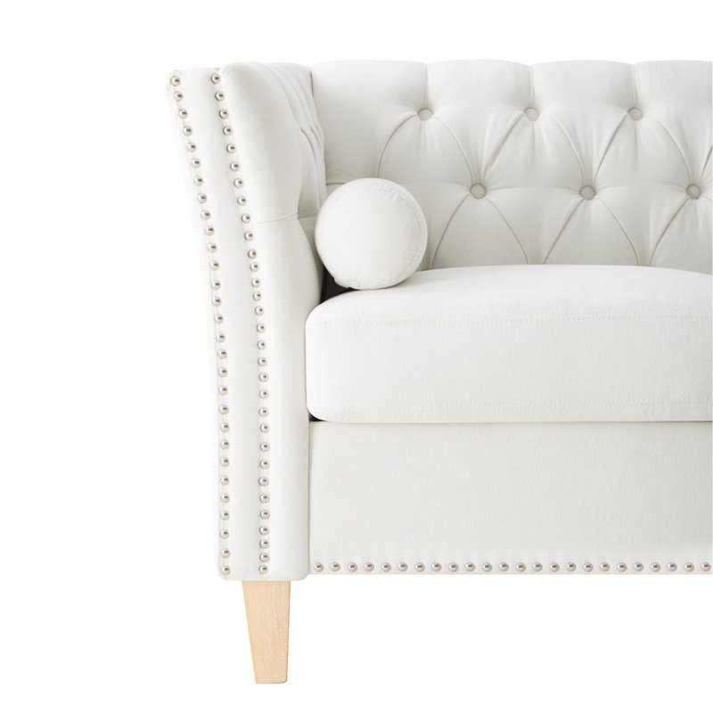 Élégant canapé transitionnel à 3 places avec accoudoirs évasés, garniture cloutée et pieds en bois massif, canapé confortable pour le salon et le bureau personnel