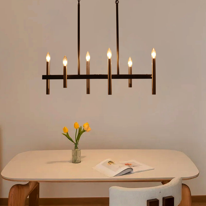 Lustre pour îlot de cuisine à 6 lumières à intensité variable pour salle à manger, Noir mat, 6 lumières
