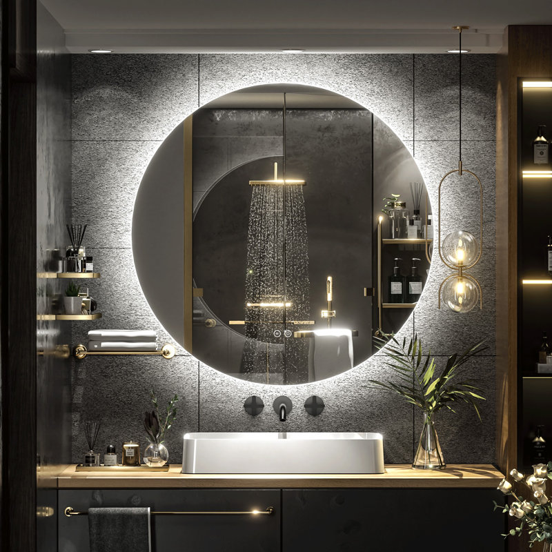 Miroir de salle de bain mural en verre trempé Molly, 32 po x 32 po, Rond