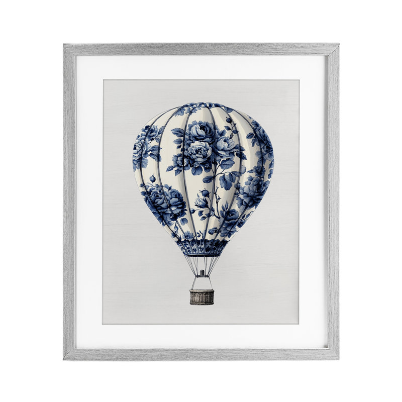 Reproduction sous verre rétro encadrée d'une montgolfière, H 16 po x l 13 po, Cadre de ferme gris
