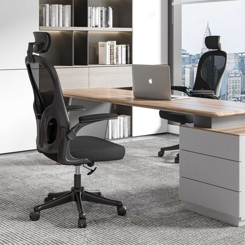 Ergonomic Mesh Office Chair with Adjustable Headrest, Swivel Desk Chair with Flip-Up Arms, Black