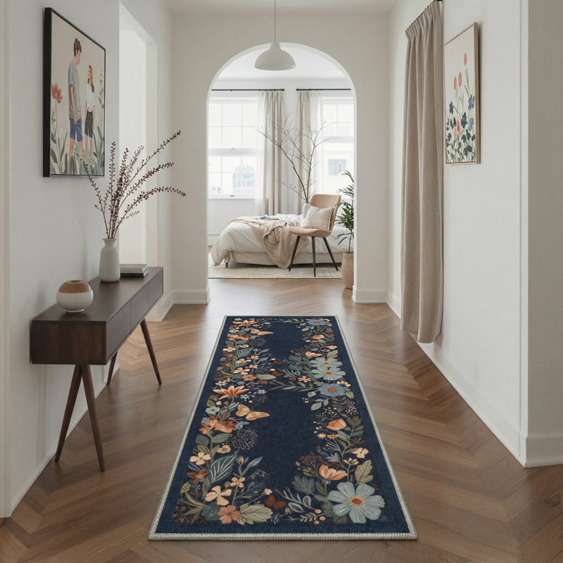 Aazad Florette Floral Machine Washable Grey / Green / Blue Indoor Area Rug with Non-Slip Backing, Runner 2' x 6'