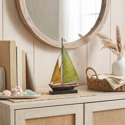 Sculpture de voilier en métal fabriquée à la main, décor nautique côtier, tablette, manteau de cheminée et décoration de bureau
