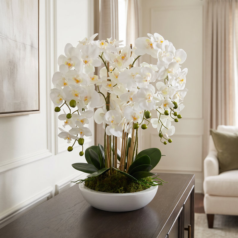Orchid Arrangement in Round Fiberstone Pot, 27"H x 26"W x 26"D