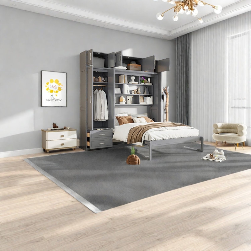 Lit escamotable grand format compact avec panneau de fibres à densité moyenne gris, conception moderne pour les petites maisons