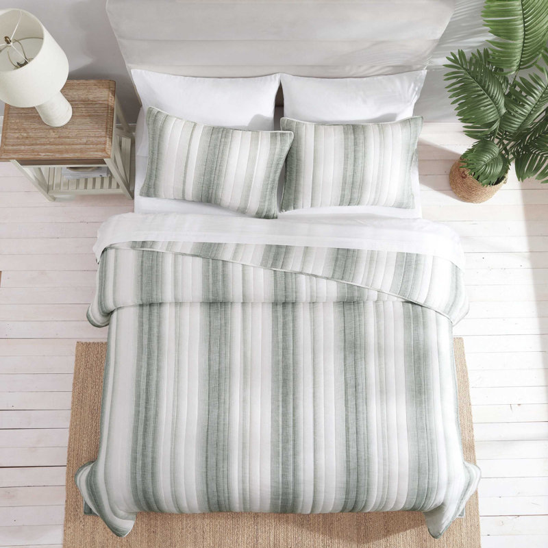 Tropical Cotton Standard Quilt, King Quilt + 2 King Shams, Green Striped