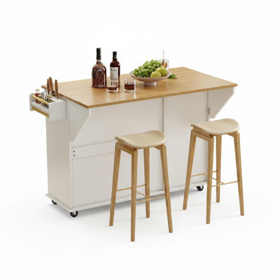Rolling Kitchen Island Cart 55" Wide - Drop Leaf, Spice Rack, Towel Rack, Knife Holder, 10-Gallon Trash Can Storage - Portable Mobile Organizer Table with Wheels for Kitchen - White