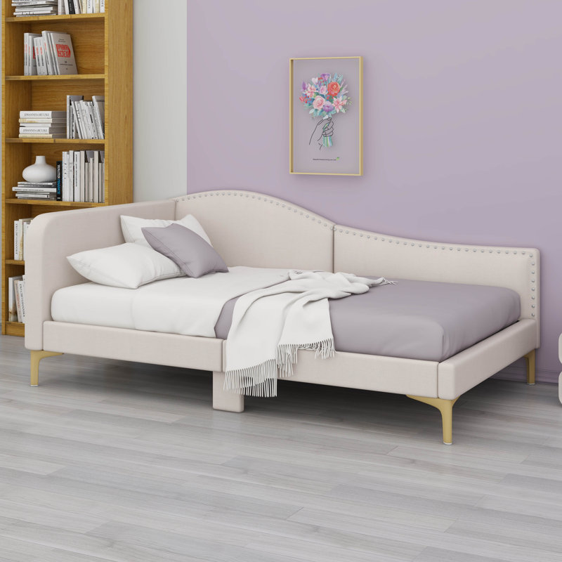 Structure de lit simple rembourrée pour lit de jour pour garçons, filles, enfants et tout-petits avec tête de lit et accoudoirs, pieds de soutien