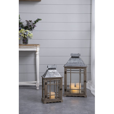 Lanterne décorative en bois, métal et verre, 2 pièces, brun et gris, bougeoir