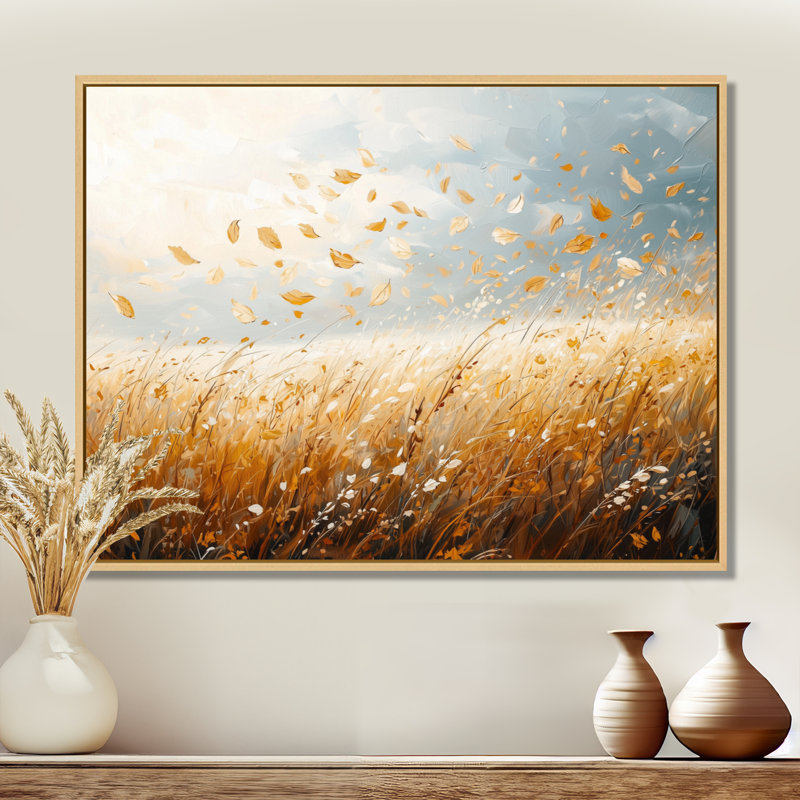 «Meadow Windy Prairie Leaves IV», art mural prairie, H 16 po x l 32 po, Reproduction avec cadre flottant, Crème, crème