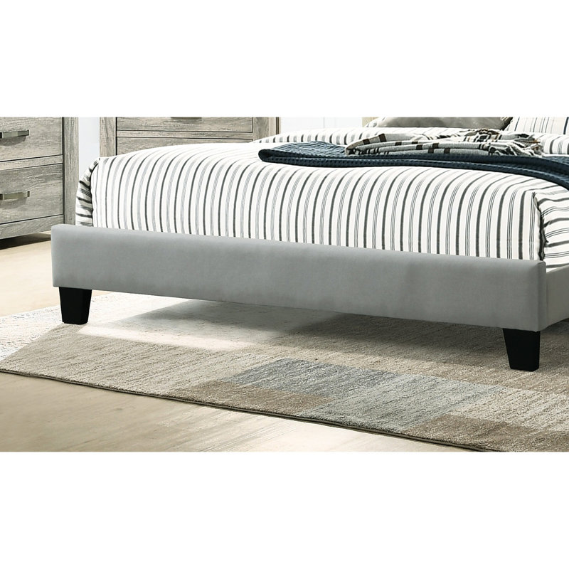 Lit double gris avec tête de lit et base en bois, Gris clair