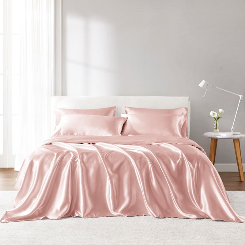 4 draps de luxe en satin simple rosé - froissé, doux pour la peau, frisottis apprivoisés, 1 drap plat, taies d'oreiller ajustées lisses et soyeuses, réduit les bris,