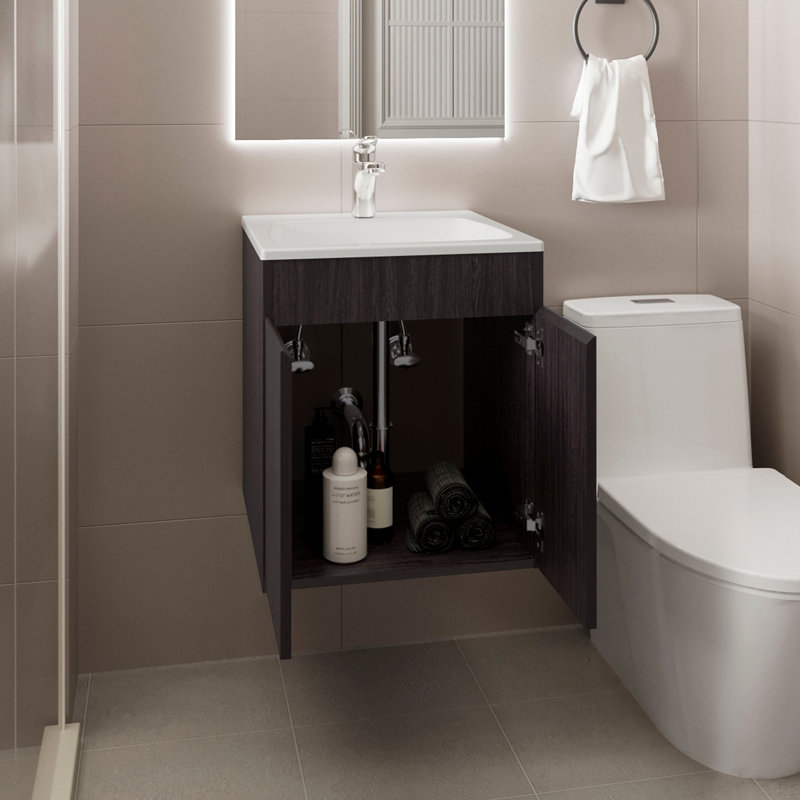 Meuble-lavabo de salle de bain avec deux tiroirs et une tablette ouverte, rangement mural, blanc, Black