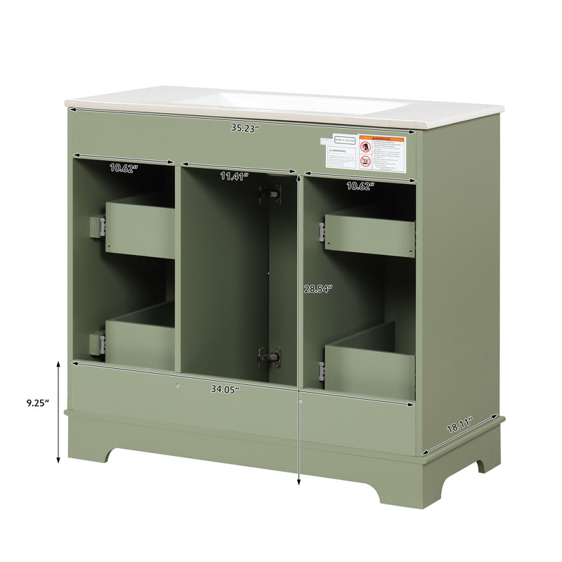 Meuble-lavabo vert 36 po avec lavabo en céramique - meuble-lavabo, bois massif et panneau de fibres à densité moyenne
