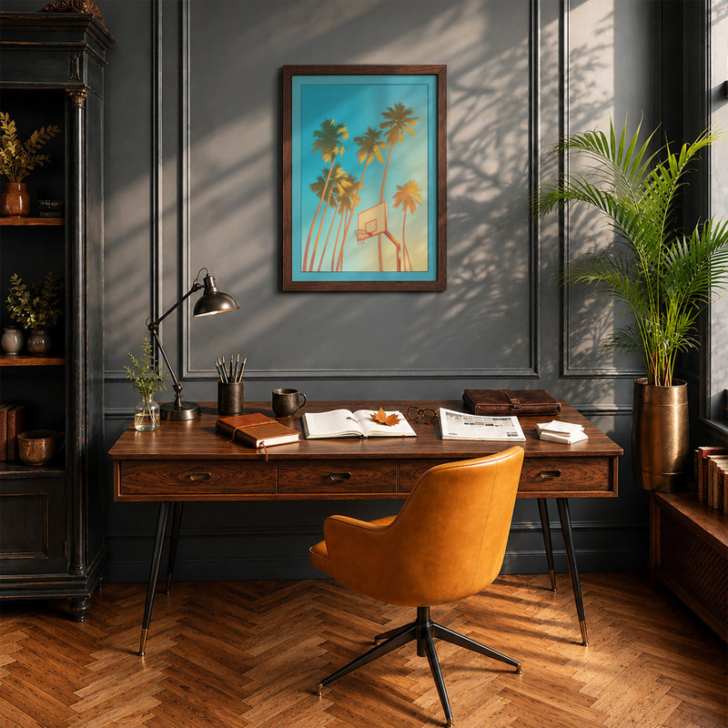 Palms and Hoops Coastal - Framed Print, A2 - 59.4 x 42.0 cm, Walnut