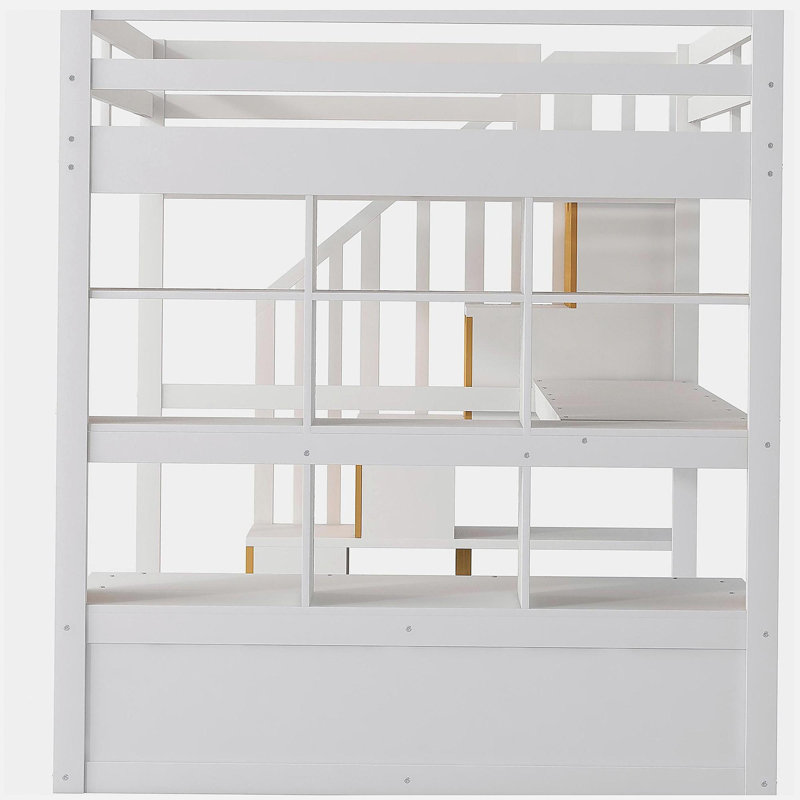 Lit mezzanine double avec bureau et tablettes, deux tiroirs intégrés et escalier de rangement, Blanc